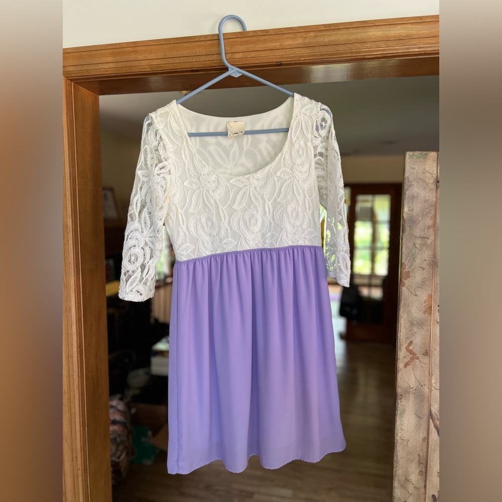White and Purple Fit and Flare Dress with 3/4 Sleeves